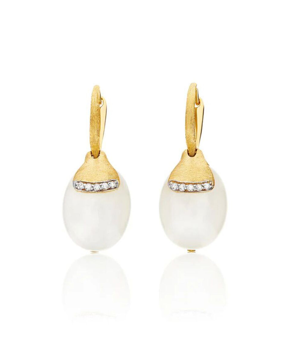 Yellow Gold Drop Earrings with Moonstone and Pave Diamond Accents - LARGE